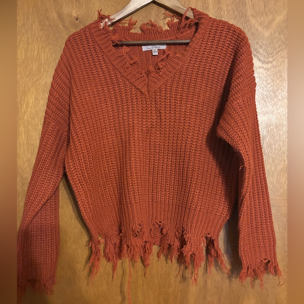 Love Tree Rust Orange Distressed V-Neck Sweater